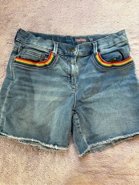 🌈 Girls Crewcuts Light Blue Denim Shorts with Rainbow Trim